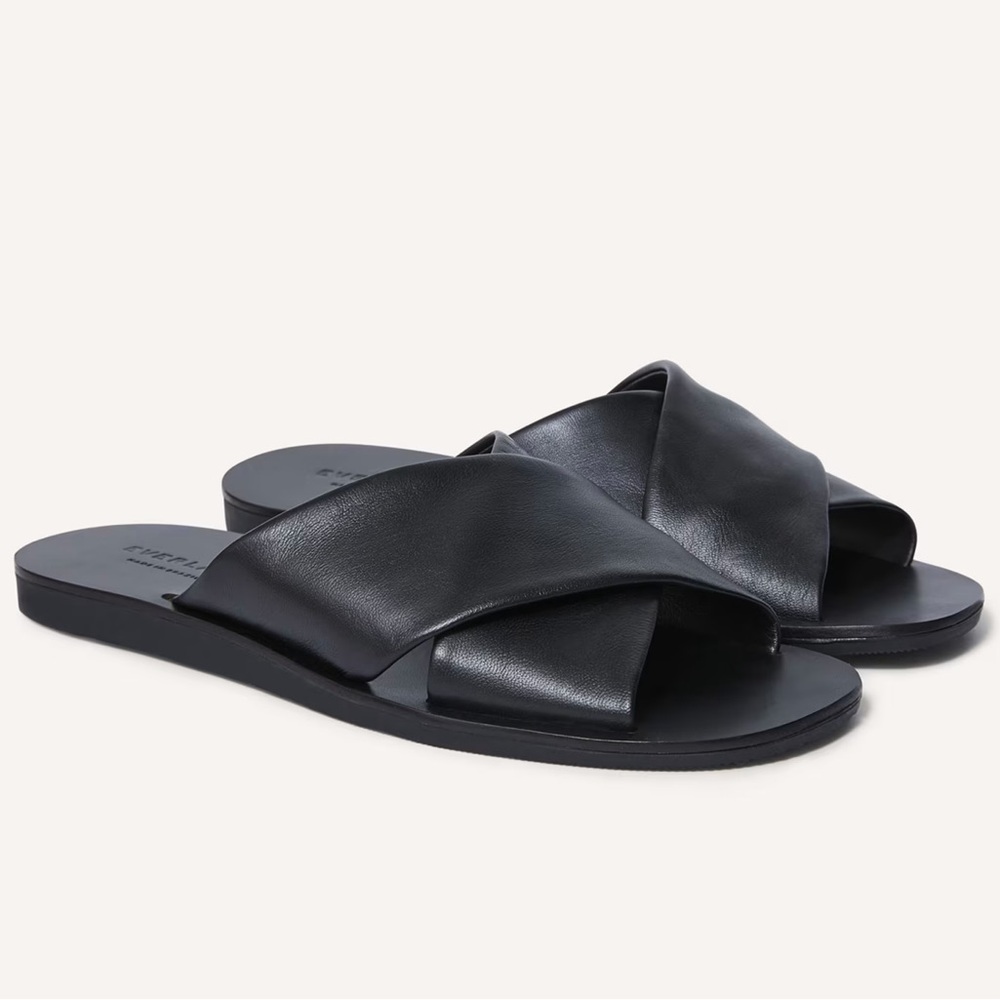 Everlane Black Leather Cross-Strap Slide Sandals